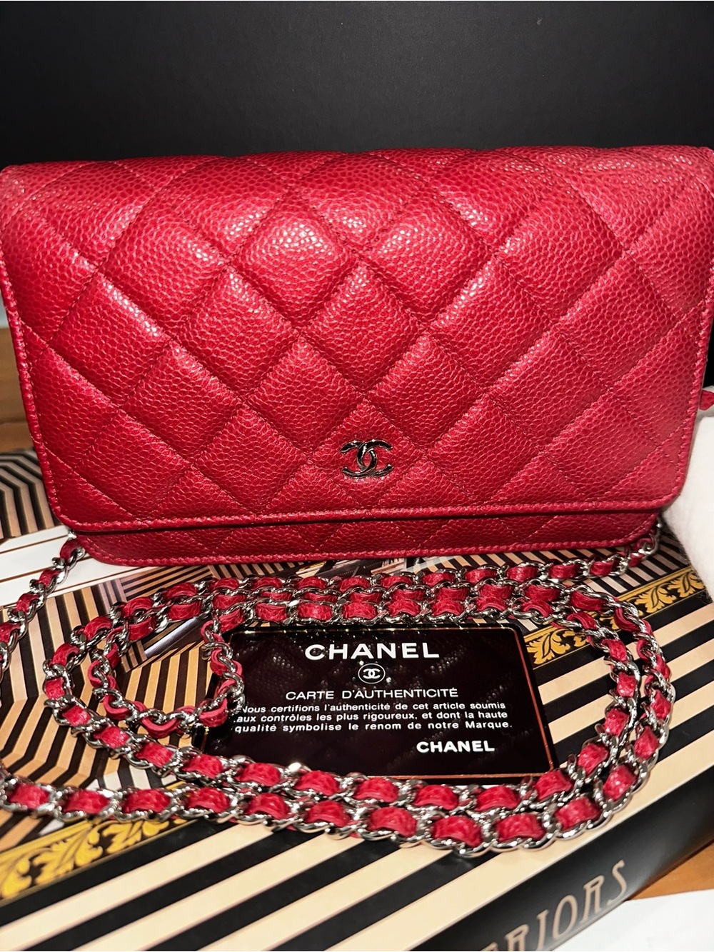 CHANEL Red Quilted Caviar Classic Wallet On Chain WOC Crossbody Bag - Full Set